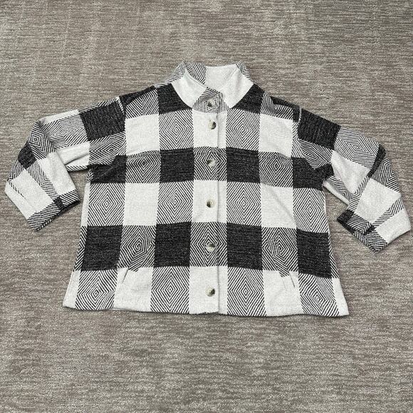 CJ Banks Jacket Womens 3X Black White Plaid Fuzzy Cozy Button - Picture 1 of 12
